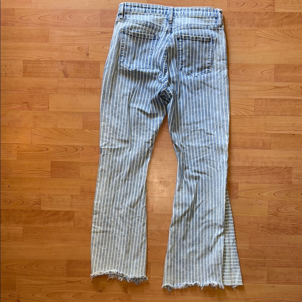 Blue and White Striped Flare Jeans with Distressed Details - Picture 2 of 4